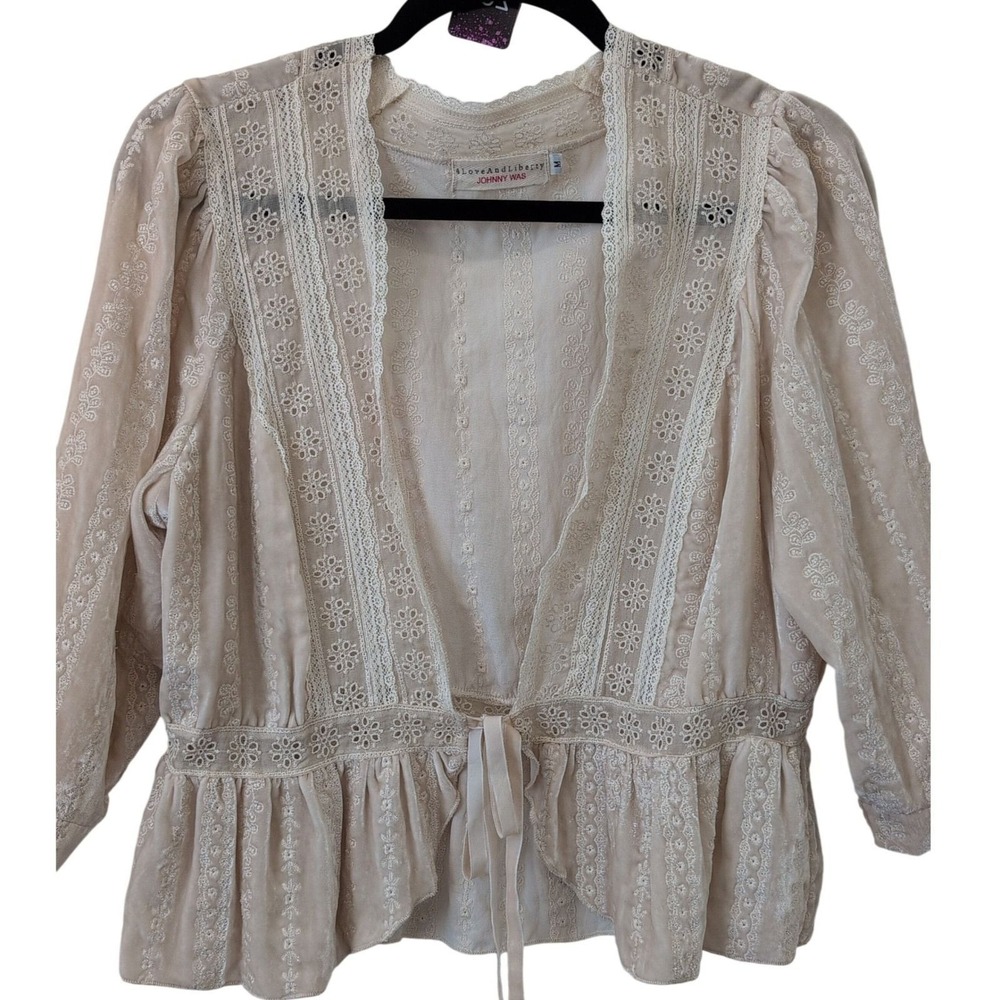 208 Johnny Was Floral Lace Crochet Embroidered Romantic Whimsical Cardigan Top M
